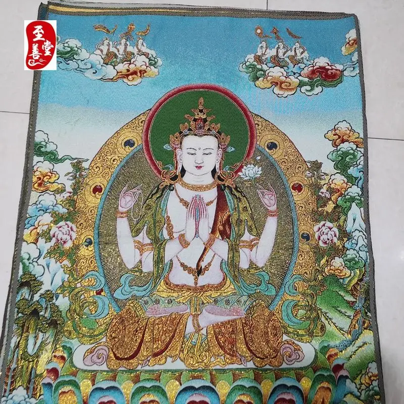 Tibet Tibetan Cloth Silk Four-armed avalokitesvara buddha Thangka Tangka Embroidery Painting Embroidery Hanging Pictures