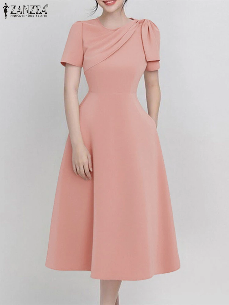 

Elegant Mid-Calf Dress Women Fashion Work Sundress Short Sleeve A-Line Swing Vestidos Solid High Waist Robe Femme 2025 ZANZEA