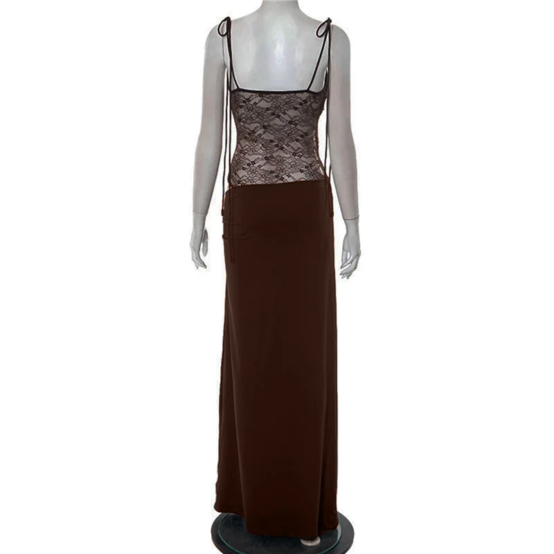 Women's Lace Splicing Cutout Maxi Dress Square Neck Sleeveless Bodycon Long Dress With Sheer Corset