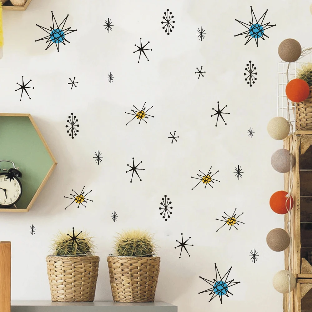 Mid-Century Starburst Wall Stickers, Retro Atomic Stars Geometric Wall Decals for Living Room Bedroom Office Home Wall Decor