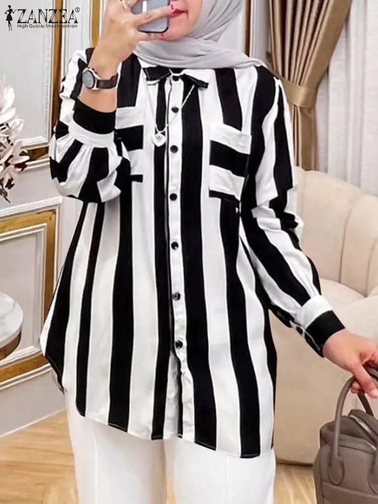 ZANZEA Muslim Fashion Striped Shirt Women Long Sleeve Tops Turkey Hijab Abaya Lapel Neck Blouse Casual Work Blusas Mujer Femme