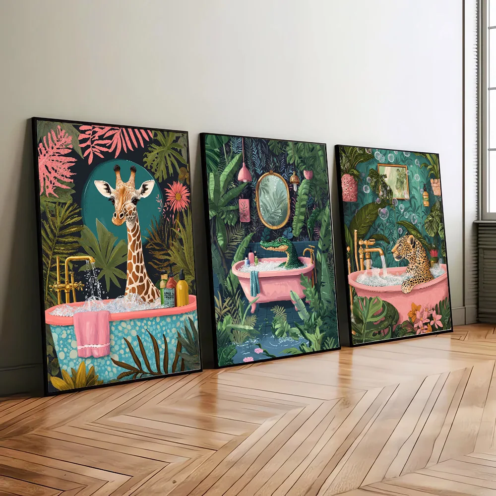 Set of 3 Unframed Boho Funny Animal Bathroom Decor Trendy Poster Cute Tropical Safari Animal in Bathtub Painting Home Decoration