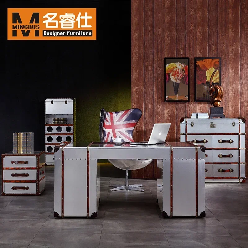 American retro industrial style checkout  table creative personality desk Indonesian rattan space aluminum leather boss table