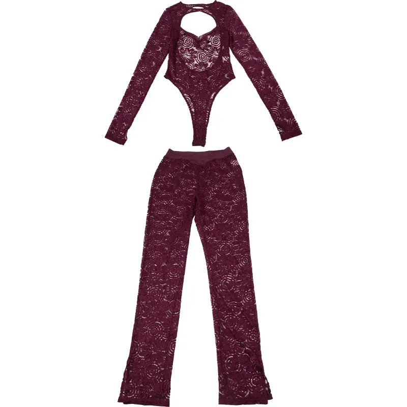 Kobiety Seksowny żakardowy koronkowy 2-częściowy zestaw z pełnym rękawem Wydrążony kombinezon bez pleców Top + Legginsy z rozcięciem Spodnie Party Clubwear Suit — zdjęcie 6
