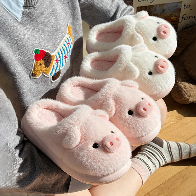 Cartoon Pig Plush Slippers Women Winter Animal Fluffy Platform Shoes Girls Mules Indoor Fuzzy Fur Slides Soft Sole Non-Slip Warm