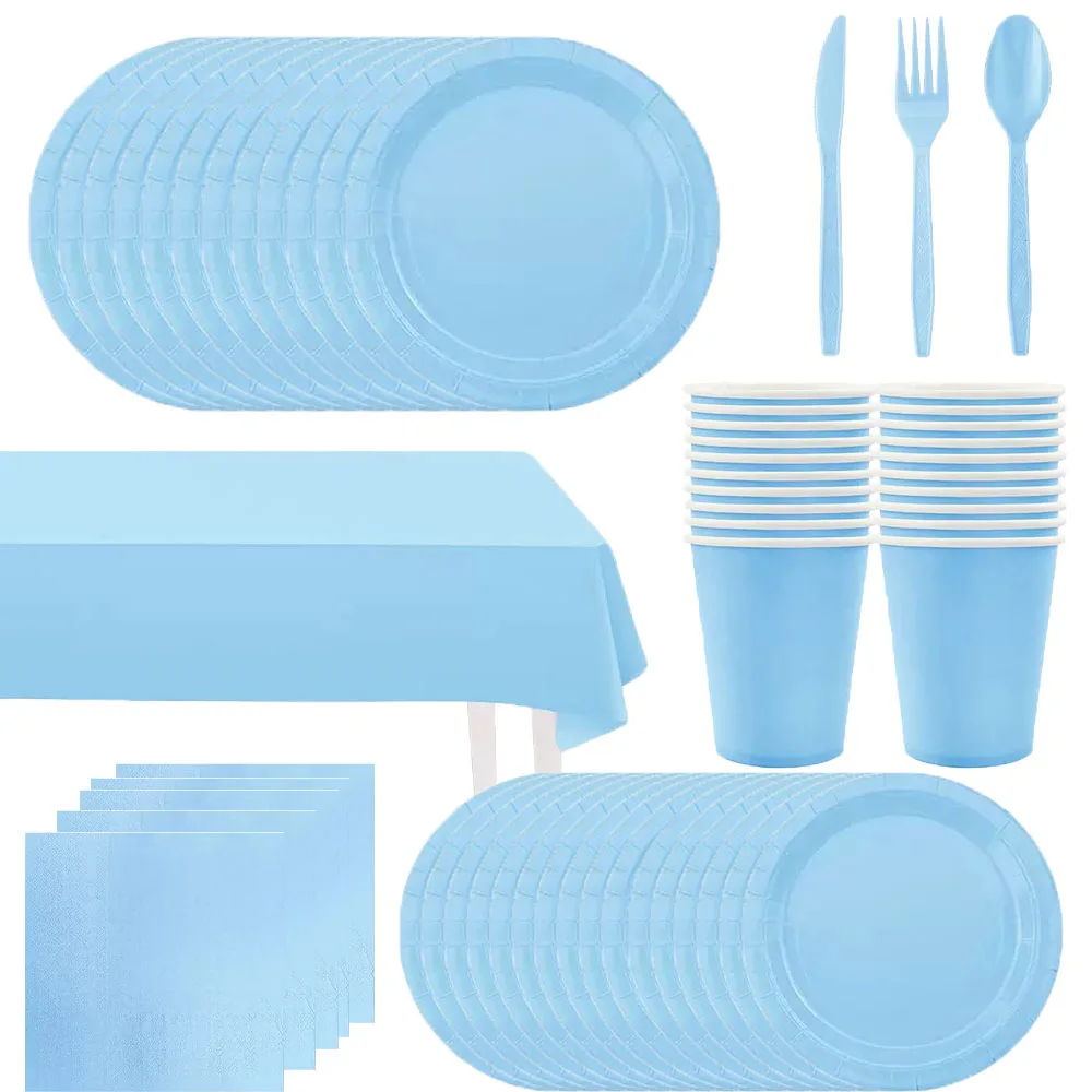 Decoraciones de cumpleaños con tema azul sólido, vajilla desechable de Color puro, platos desechables azules, tazas, mantel, suministros para fiestas