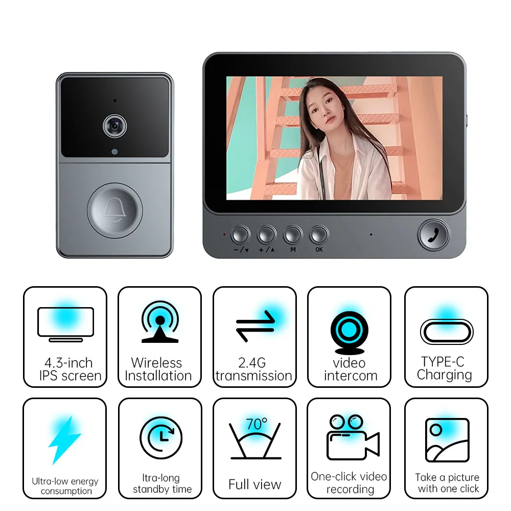 2.4G المنزل المزدوج تمرير عن بعد جرس باب إنتركوم فيديو لاسلكي مع شاشة رؤية ليلية في اتجاهين دون تثقيب جرس الباب Dingdong #3