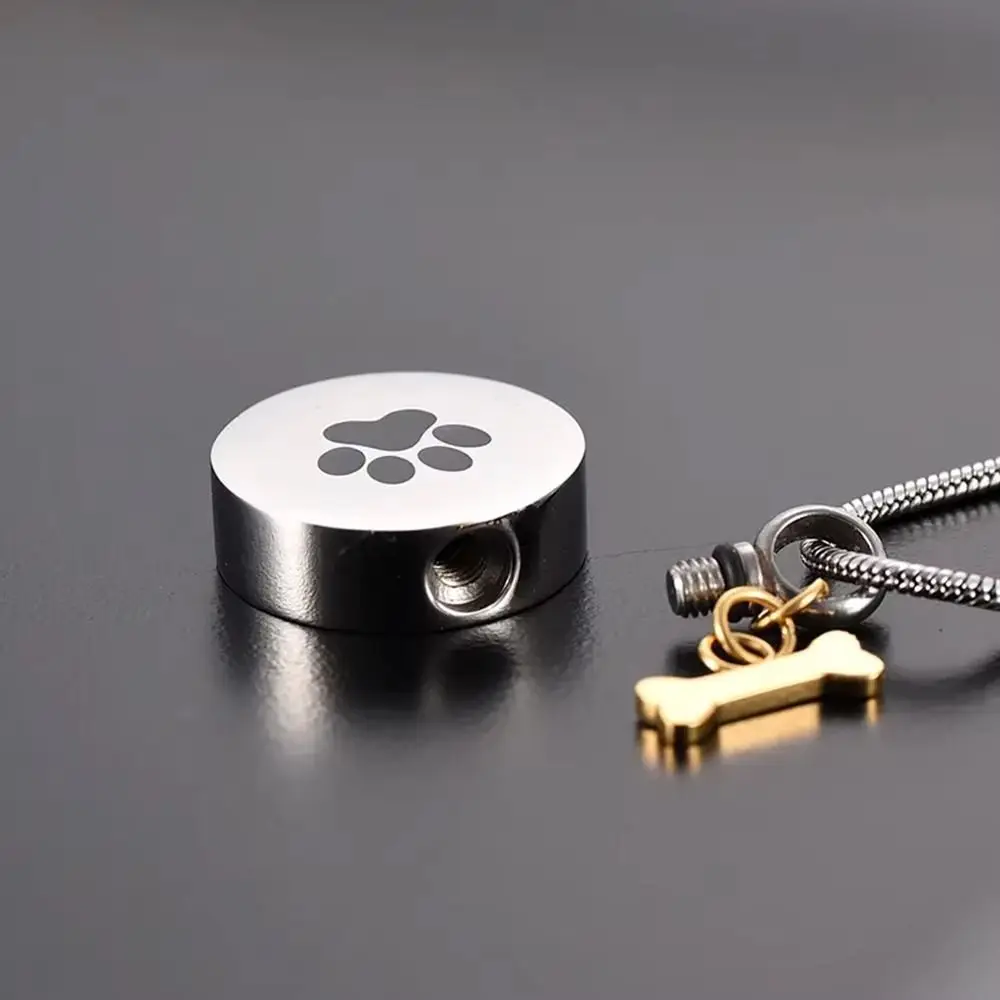 Fashion Paw Print Urn Necklace Stainless Steel Dog Bone Cremation Jewelry Opeanable Round Ashes Memorial Pendant Cat Kitten