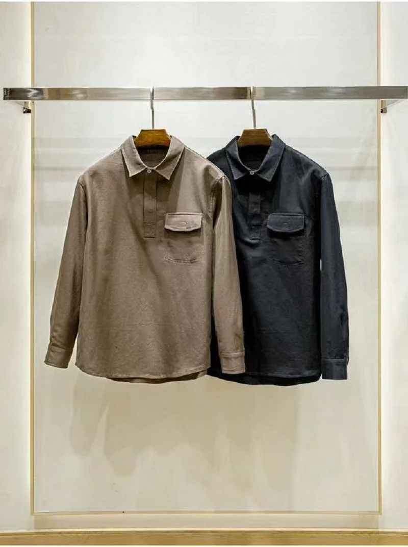 

Льняная хлопковая рубашка из натурального плиссированного мужского воротника с открытым карманом и длинными рукавами