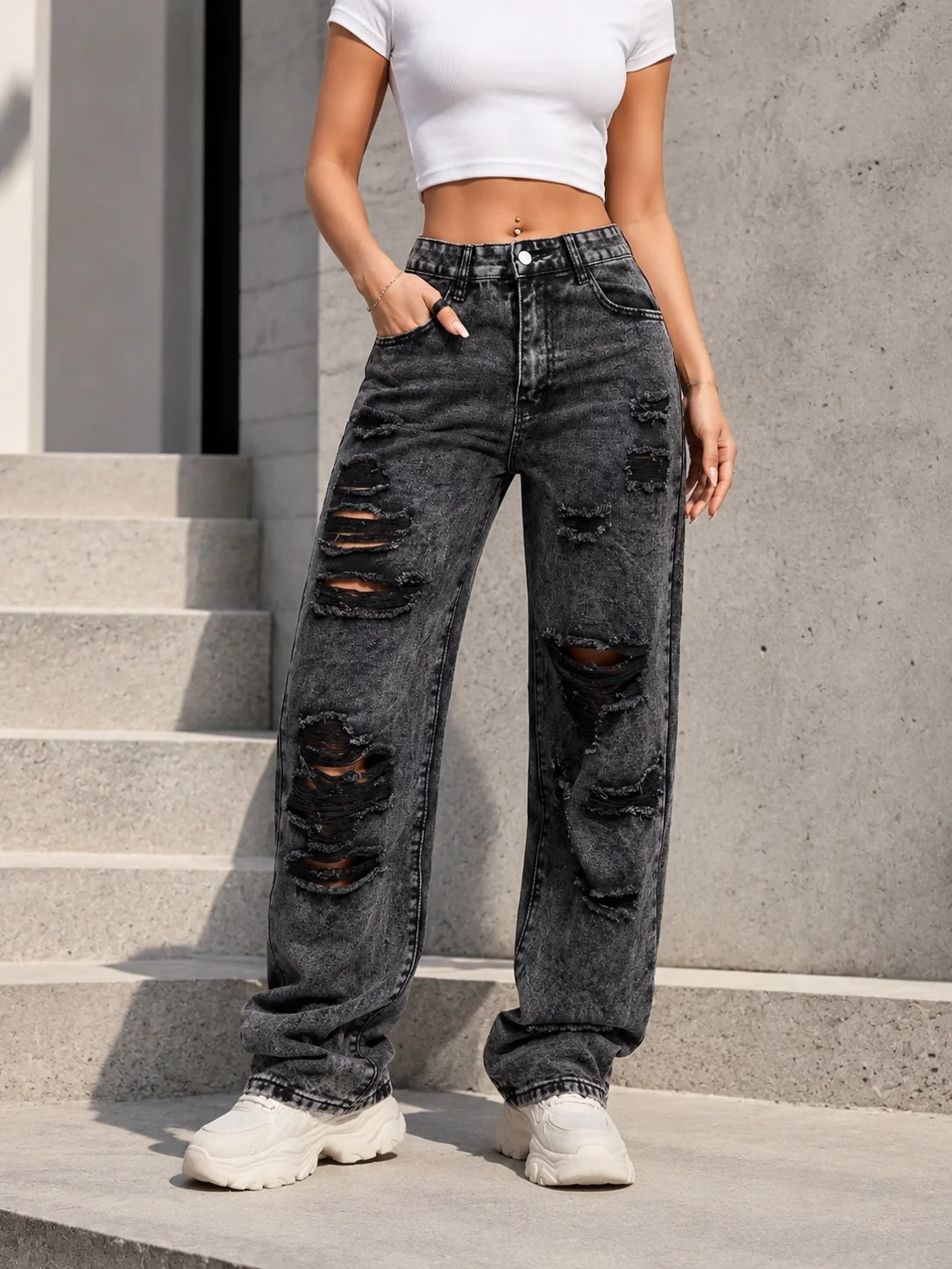 Y2K Rave Vintage High Waist Side Pocket Slit Straight Leg Jeans Casual Spring