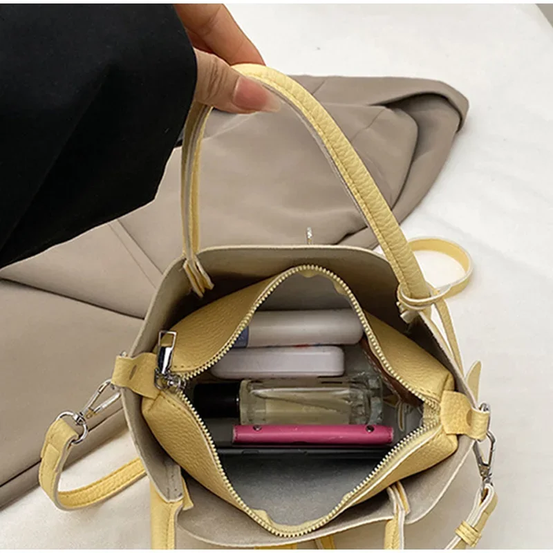 Koreanische Umhängetasche, weiche PU-Eimer-Handtasche, einfarbige Damen-Einkaufstasche mit großer Kapazität, Schultertasche für den täglichen Gebrauch – Detail 2