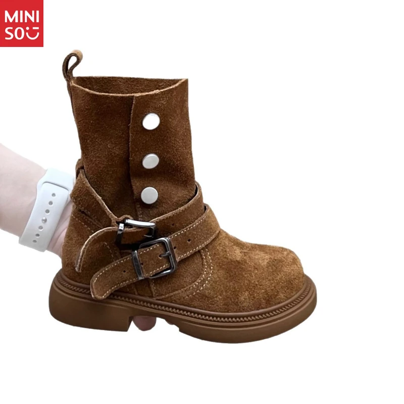 Miniso 2025 Bottes Martin en daim pour enfants, chaussures d'hiver mi-mollet de style britannique avec doublure en fourrure