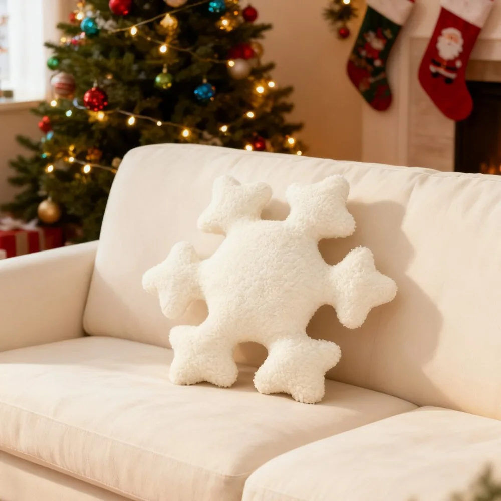 وسادة رمي قطيفة جديدة على شكل ندفة الثلج | دمية عيد الميلاد، ديكور الثلج، وسادة أريكة المنزل #3