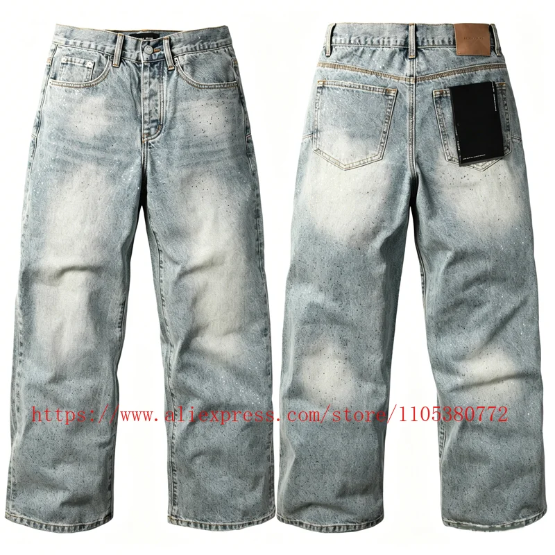 

New Y2k Men's Rhinestone Baggy Wide Leg Jeans Light Blue Washed Streetwear Denim Pants