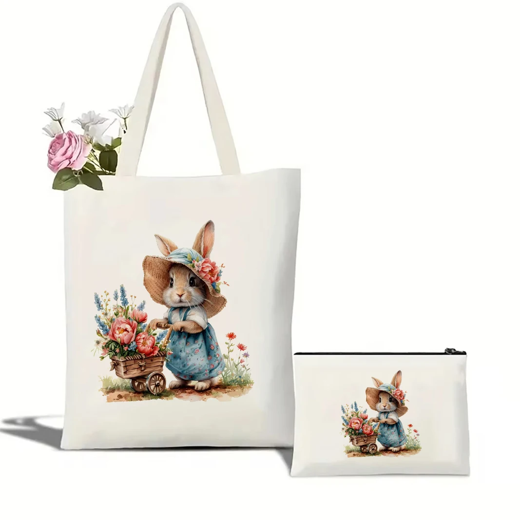 1pc Easter Bunny Print Eco-Friendly Canvas Tote Bag - Large Capacity Durable Shopping & Cosmetic Handbag Cute Bag for Women