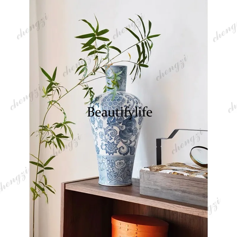 A95 Chinese style blue and white porcelain big belly vase classical ceramic flower ware soft floor ornament