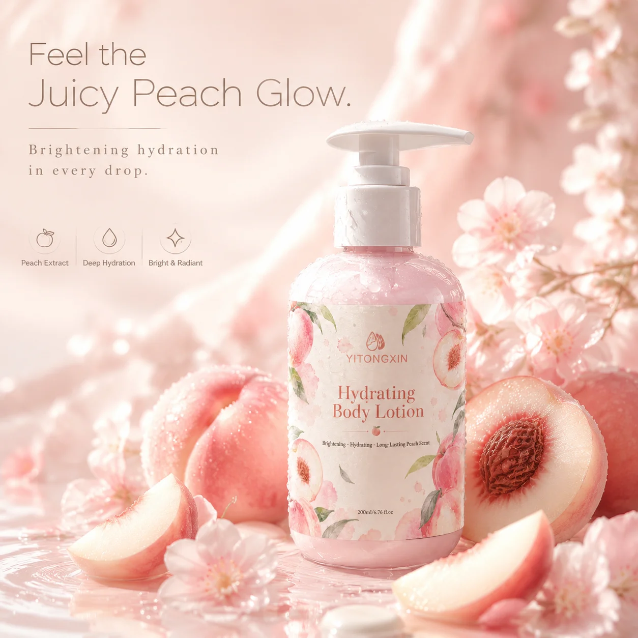 Hydrating Brightening Body Lotion with Peach Extract & Niacinamide, Long Lasting Peach Scent for Glowing Skin, 200ml