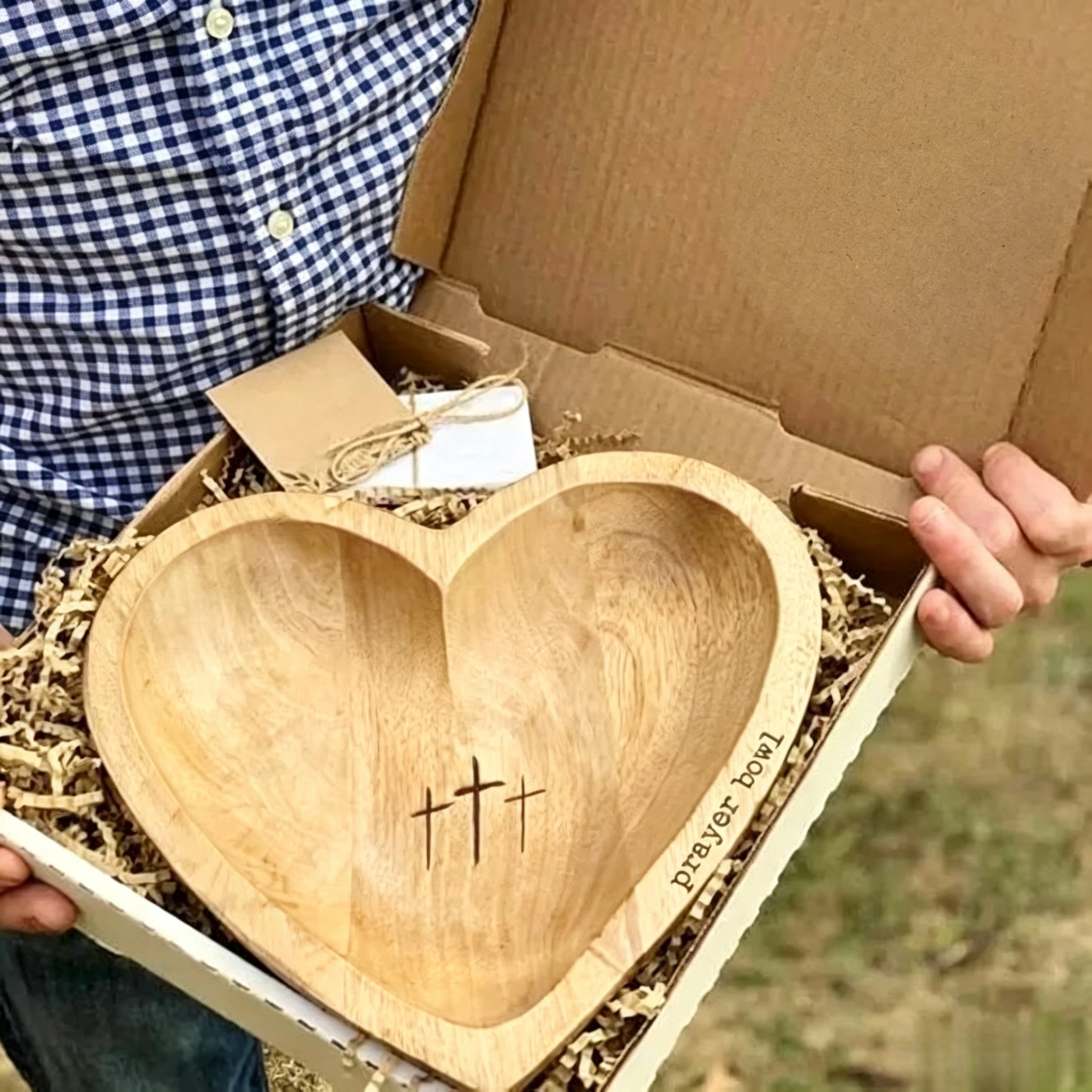Wooden Heart Prayer Bowl with Gift Card Dark Brown Spiritual Religious Keepsake