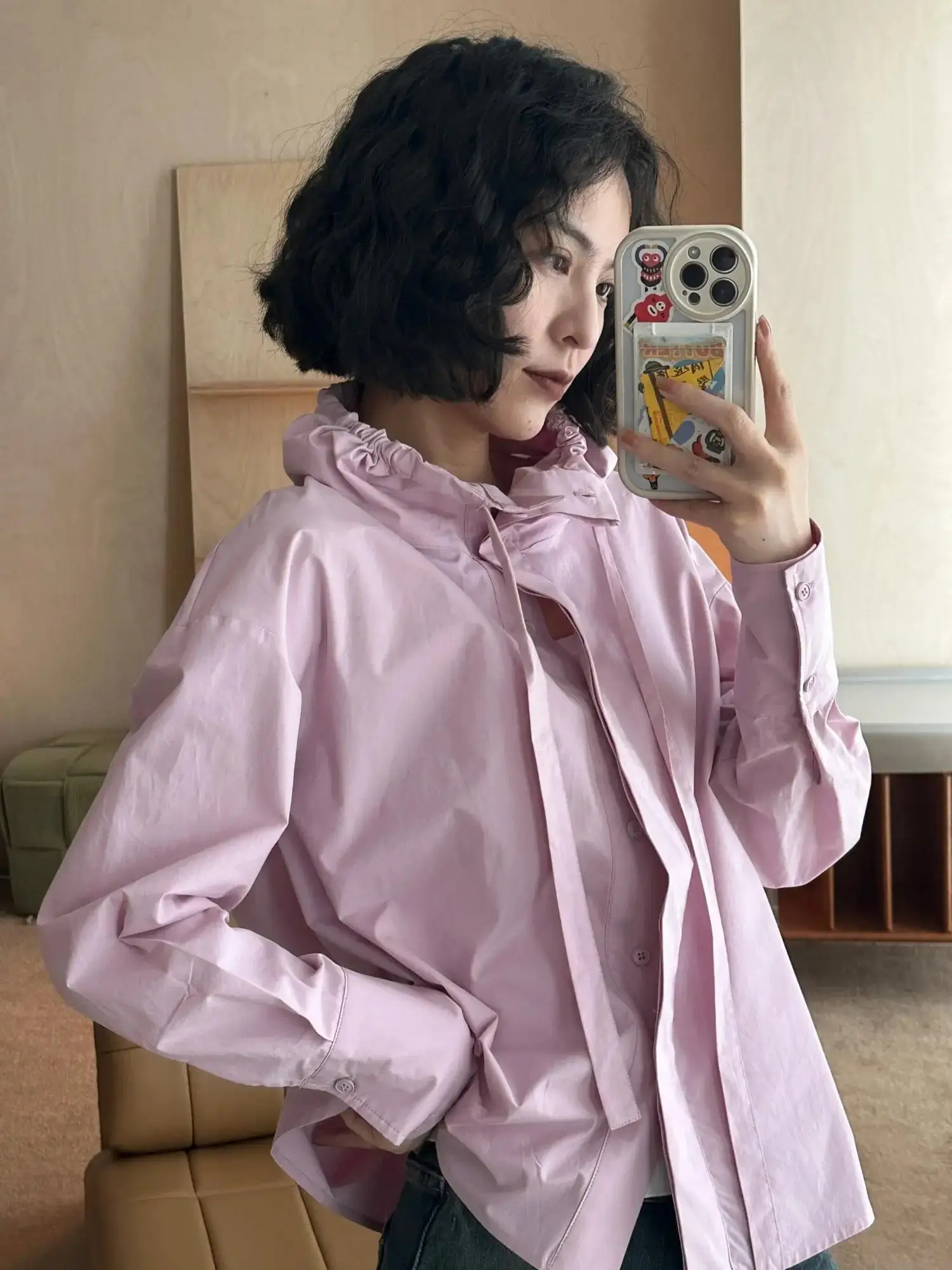 

Hua Ji Yan Currant Long Sve irt Bow Design Collar Loose Fit Cotton mat Sle Women's Premium irt