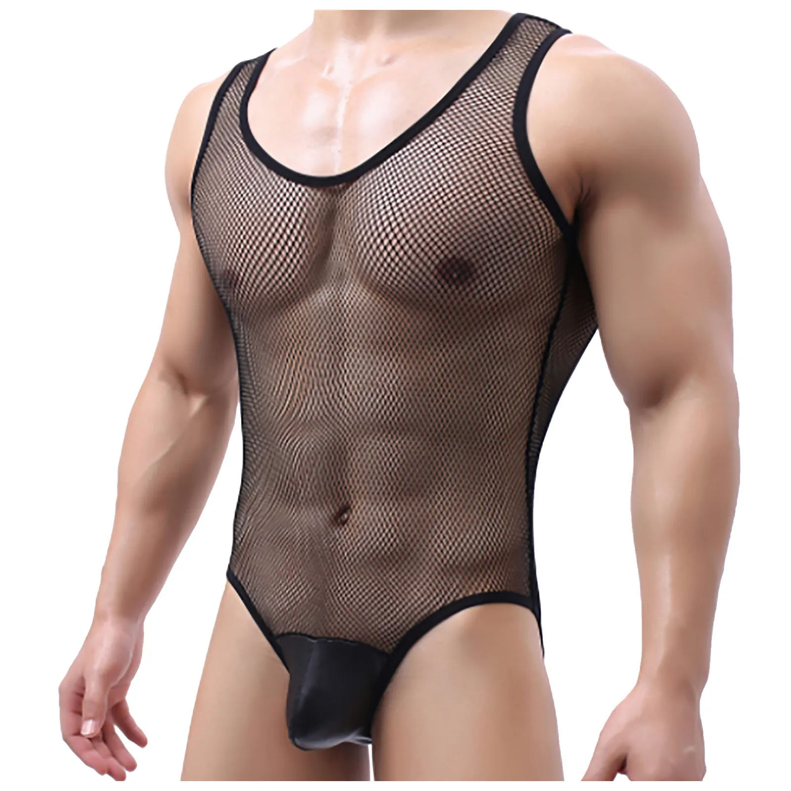 Sexy Mens Undershirts Gay Sissy Lingerie Mesh Sheer Bodysuit Wrestling Singlet Leotard Jumpsuit One-Piece Pajama Sheer Underwear