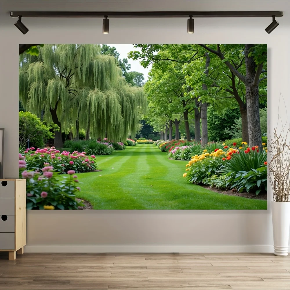 Garden Path Tapestry, Lush Green Lawn with Flowers and Weeping Willows, Park Scenery Wall Art for Living Room Bedroom Decor