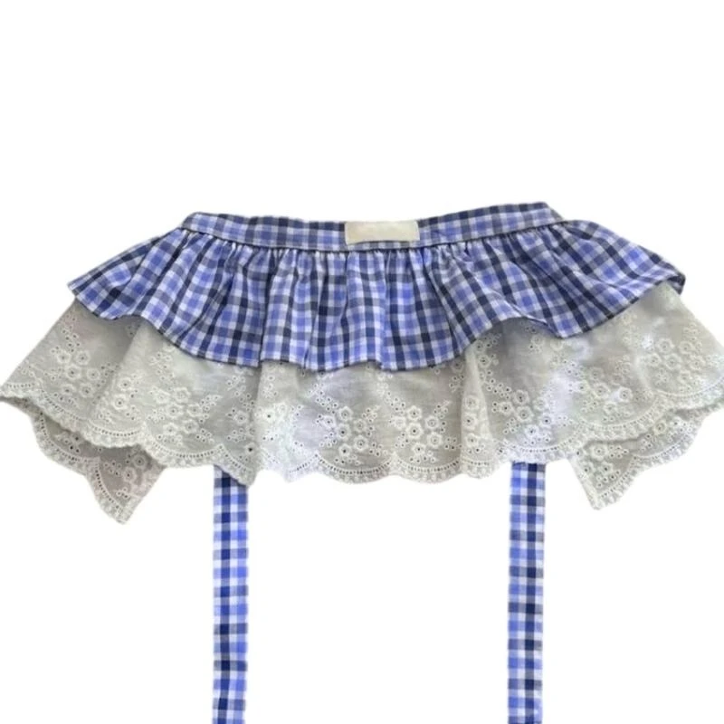 Girls Blue Checkered Ruffle Tiered Skirt With Lace Trim Soft Cotton Layered Overlay For Summer Outfits And Parties