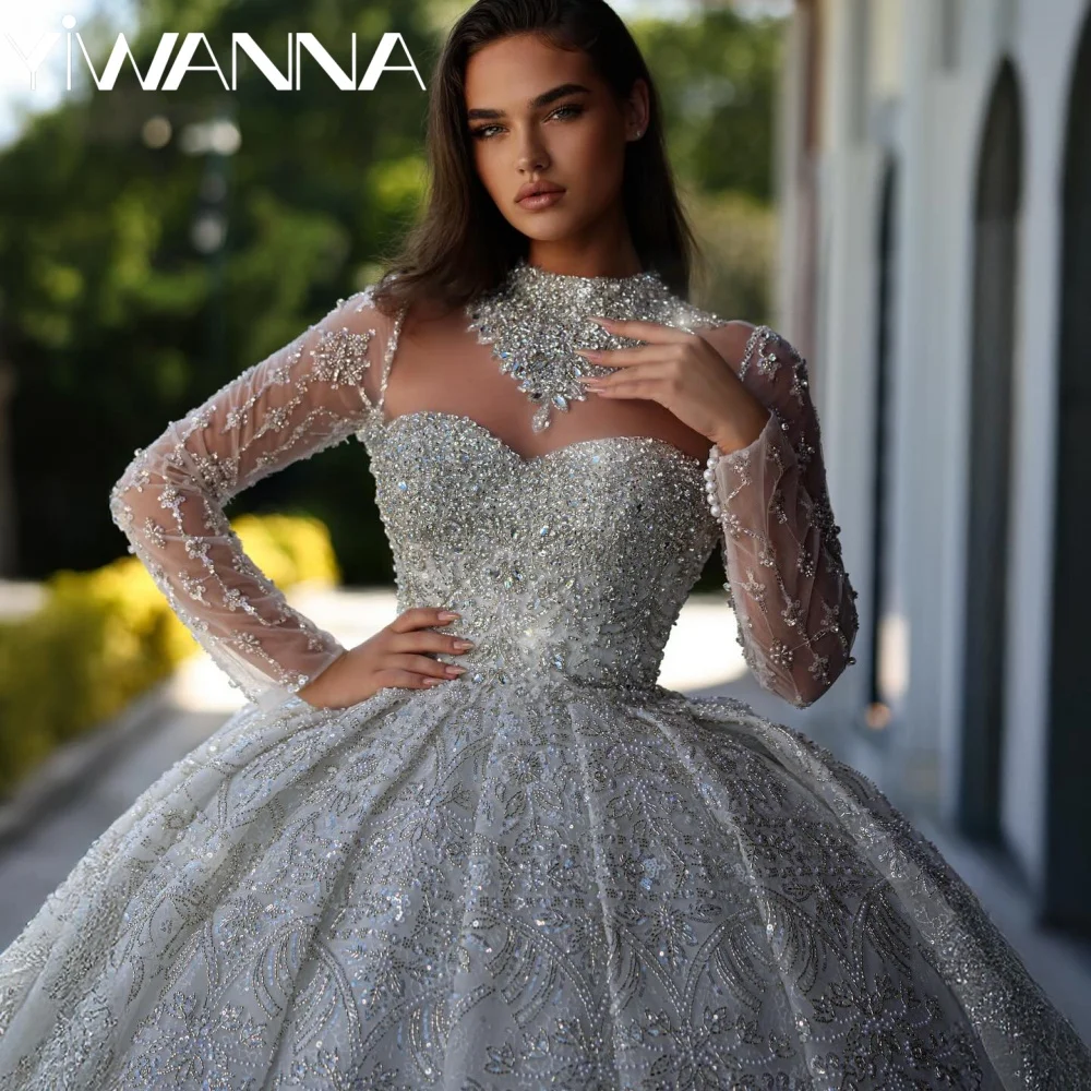 

Luxury Embroidery Ball Gown Wedding Dress Charming Long Sleeve Bridal Gown Customized Shiny Beaded Princess Dresses For Bride