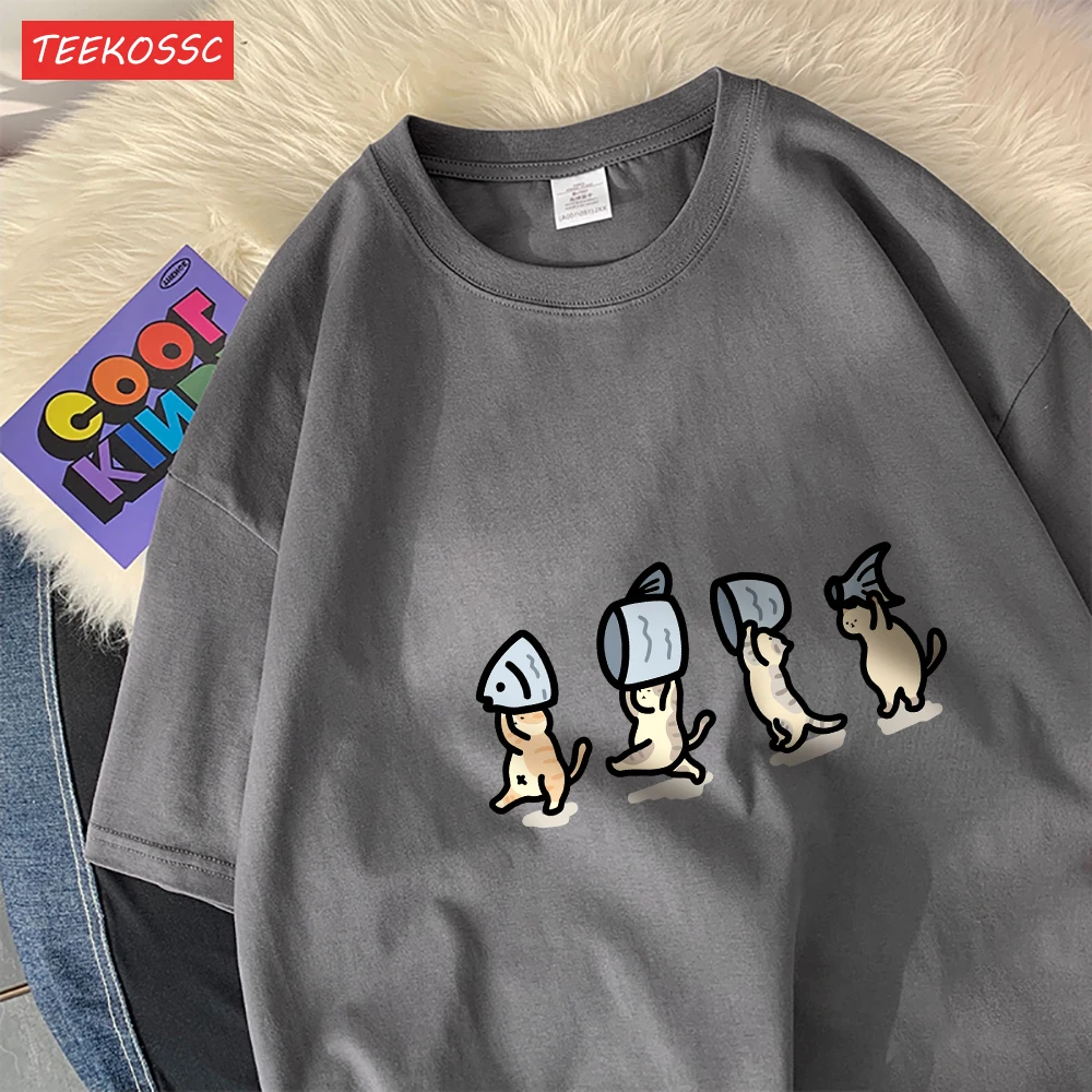 Vier Kleine Katzen Halten Fishcotton Frauen T-Shirts Cartoons Drucke T Shirts Weiche Oansatz Lose Kurzarm Tops Sommer Kleidung – Detail 32