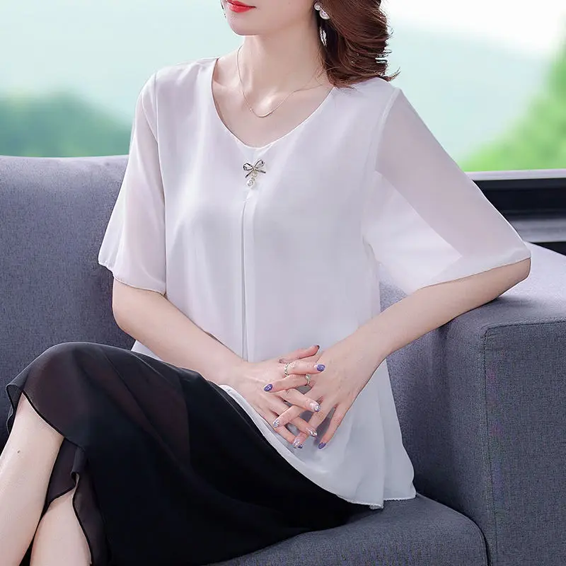 High-grade Beaded Mother Chiffon Top Women's Short Sleeve Fashion Casual Summer New Loose Belly Cover Small Dress