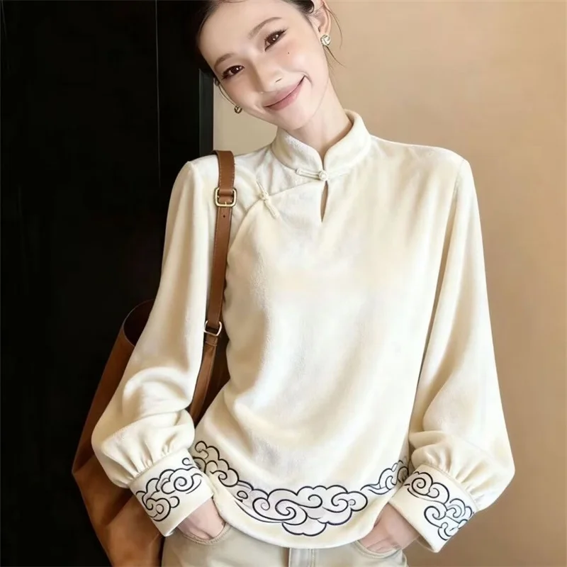 

Женская рубашка: Весенне-осенний топ с воротником и косыми пуговицами, белый бархатный, модный ретро-топ свободного кроя для женщин на зиму