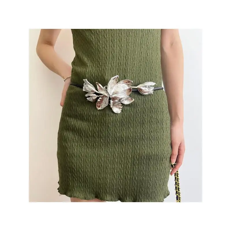 2025 Women Personality Exaggerated Golden Tulip Retro Yellow Flower Silver Belt Fashion Popular Black Leather Rope  Decorative