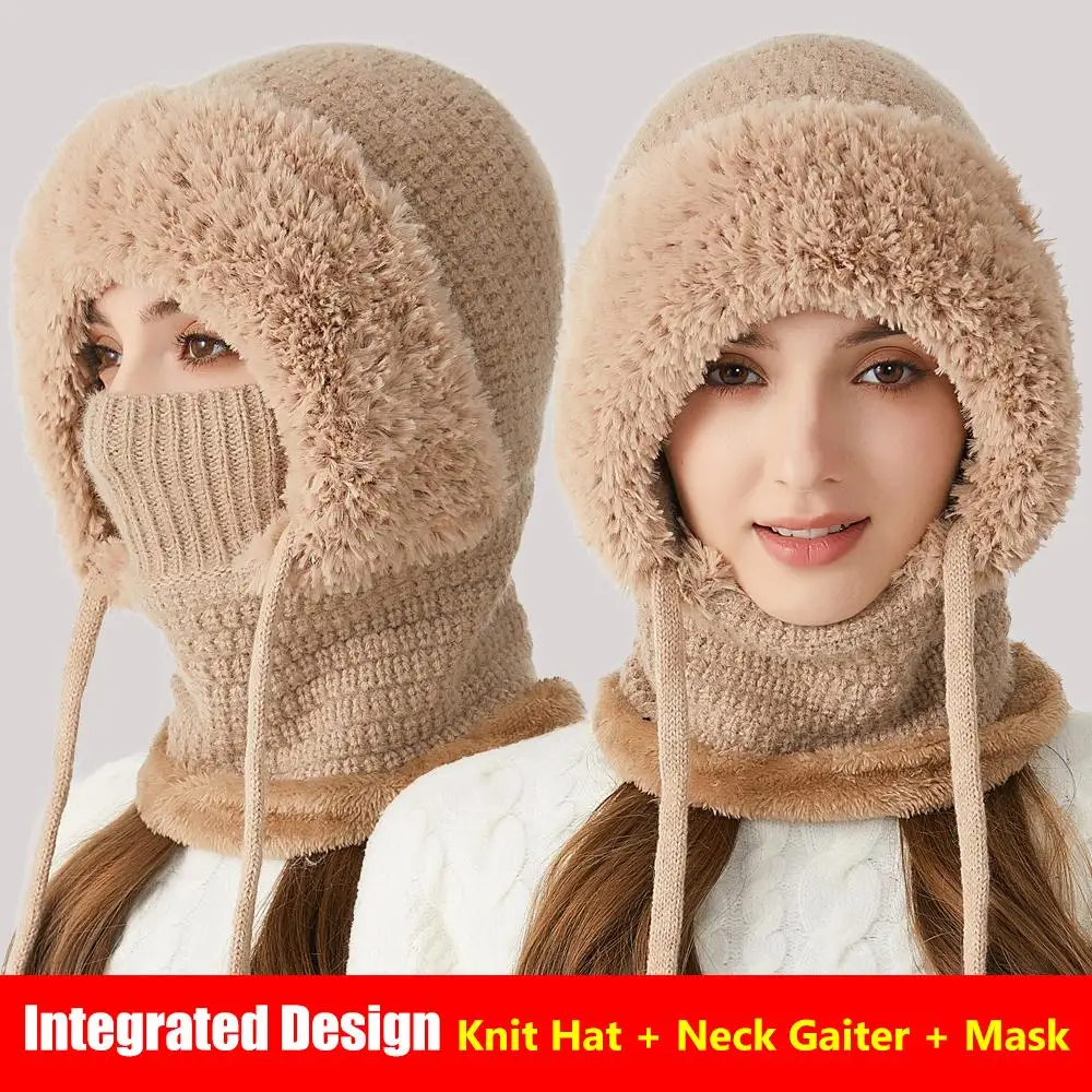 Face Covering Siamese Cap Kit Wind-Resistant Slouchy Balaclava Ski Hat Hooded Fleece Lined Winter Knitted Hat for Cold Weather