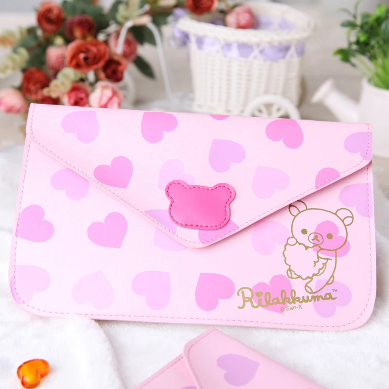 Cute Rilakkuma Envelope Bag Cartoon Anime Makeup Organizer Storage Bag Kawaii Pencil Case Pink Heart Cosmetic Bags Beauty Case