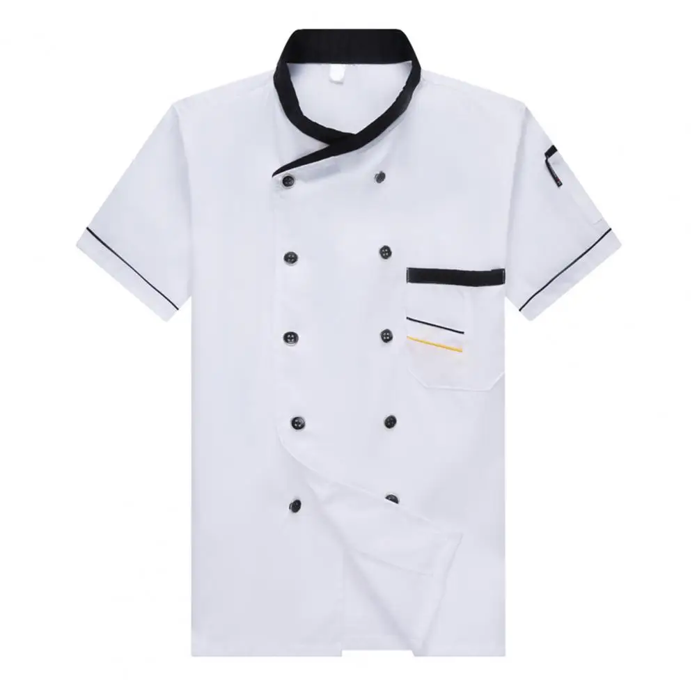 Chef camisa trespassado Patch bolso Stand Collar botões mangas curtas Cooking Restaurant Unisex Plus Size uniforme Chef