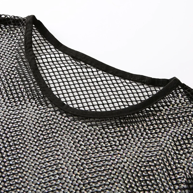 Damen Diamant-Netz-Top, Durchsichtiges Fischernetz-T-Shirt, Glitzernde Transparente Rundhalsbluse, Eng Anliegend, für Nachtclub, Party, Festival, Clubwear – Detail 8
