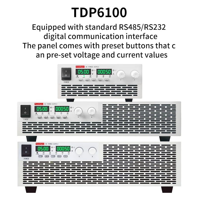 High power DC adjustable regulated power supply with high current, high precision, and programmability