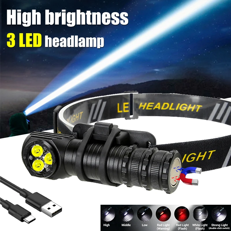 Powerful 3 LED Headlamp USB Rechargeable Headlight 5700K Head Flashlight Torch with Magnet Tail Camping Fishing Lantern Light