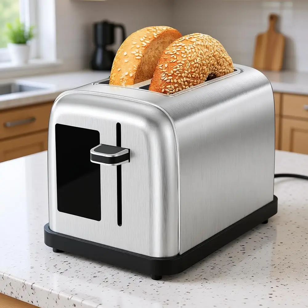 

Тостер из нержавеющей стали на 2 ломтика с цифровым таймером обратного отсчета, ЖК-дисплеем, широкими слотами, 9 уровнями поджаривания, функциями разморозки, приготовления багелей и отмены приготовления