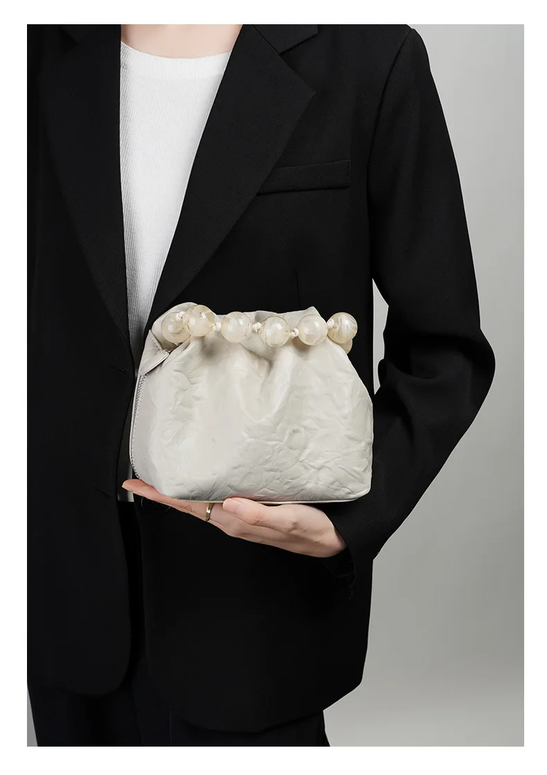 New Chinese style bead wrapped leather bag, women's lunch box bag, beaded hand-held diagonal cross bag