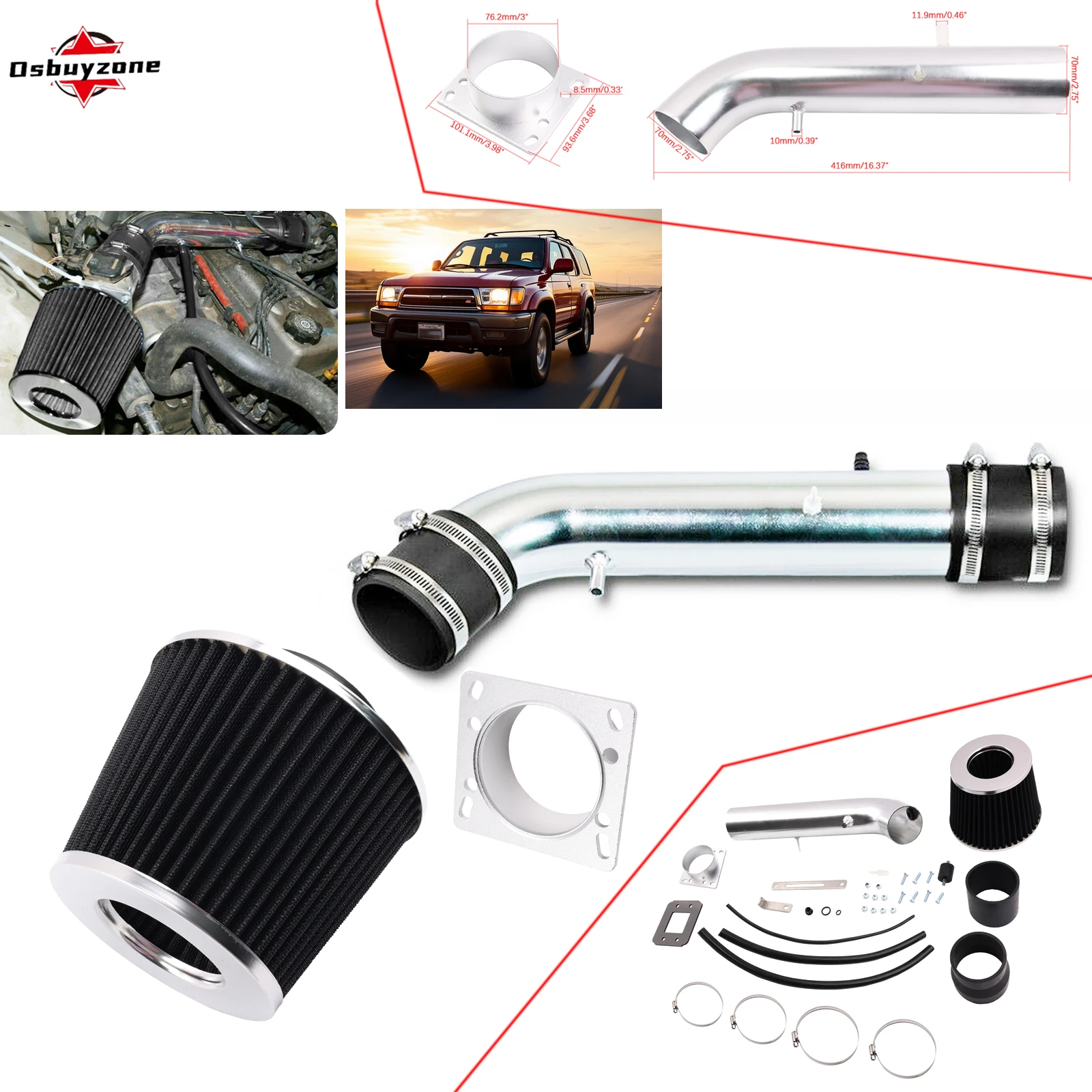 طقم مدخل هواء قصير + فلتر أسود لأجزاء الأداء 96-99 4Runner / 95-99 Tacoma 2.7L L4 3RZ-FE