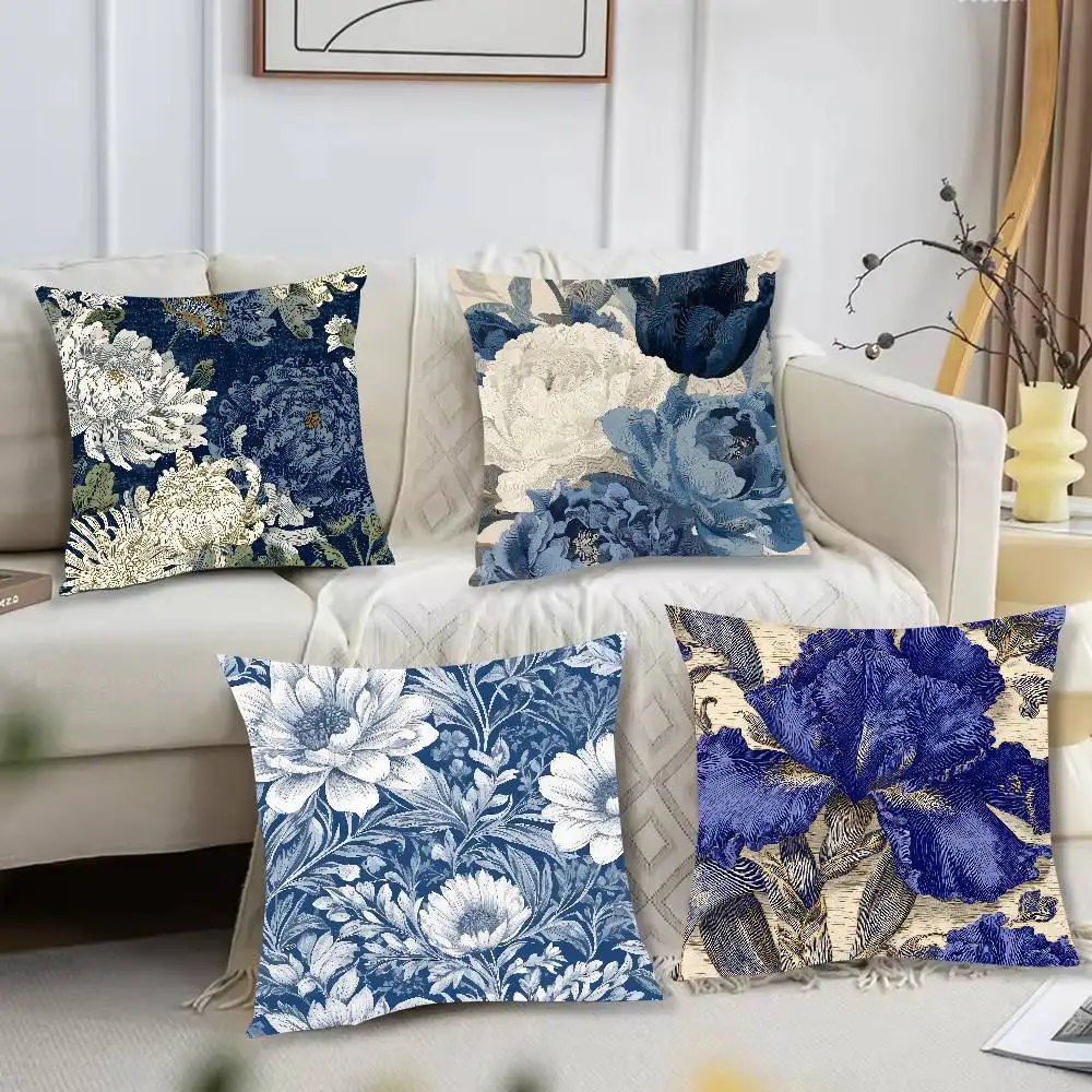 Vintage Blue White Floral Throw Pillow Cover, Retro Botanical Peony Tulip Flower Cushion Case For Sofa Bedroom Home Decor