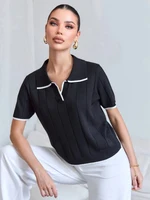 Brown Contrast White Trim Knit Polo Top for Women Short Sleeve V Neck Slim Fit Casual Knitwear - Image 3