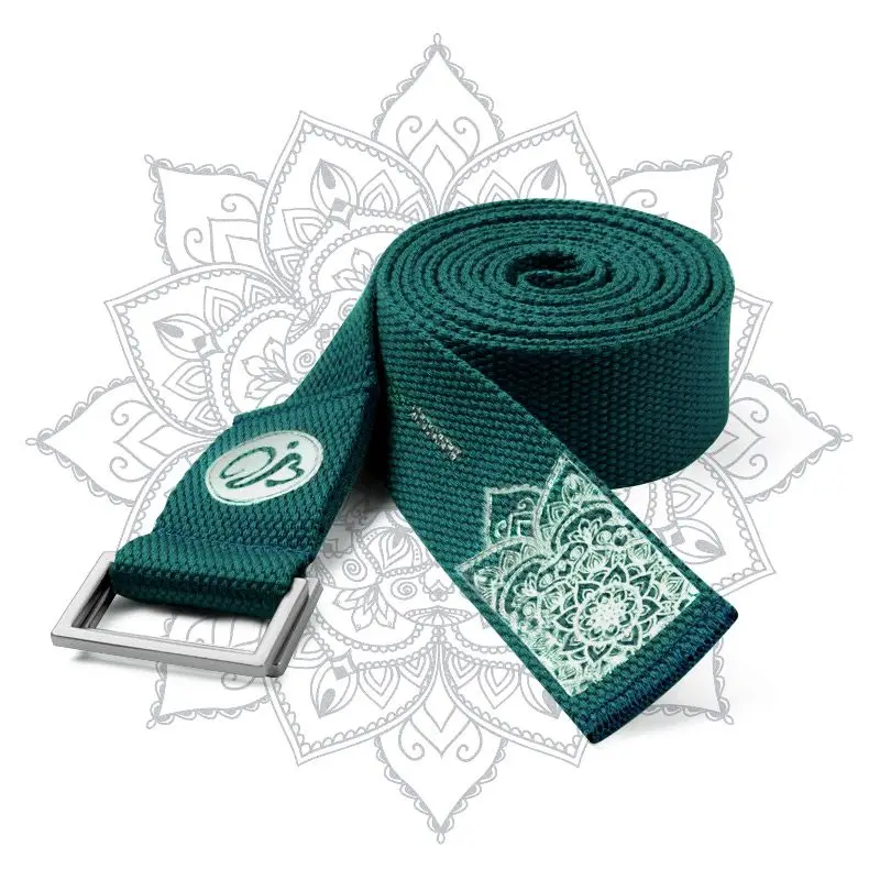 Durable Cotton Yoga Strap With Adjustable Metal Buckle Mandala Print Dark Green For Stretching Flexibility Training Fitness