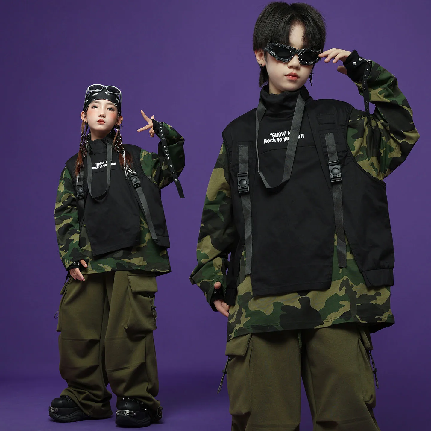

Kid Kpop Hip Hop Clothing Black Sleeveless Jacket Vest Camo Sweatshirt Army Green Cargo Pants for Girl Boy Dance Costume Clothes