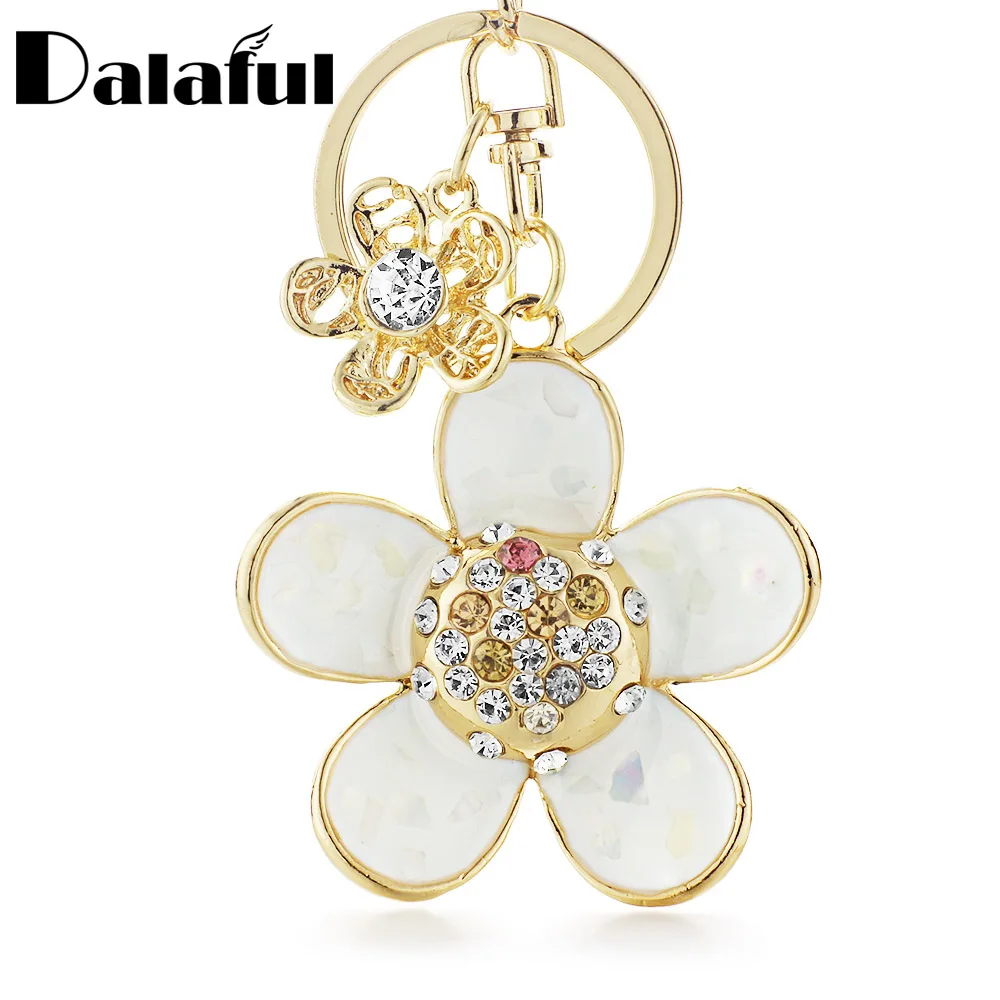 Beautiful Novelty Shell Petals Daisy Double Flower Floral Crystal Rhinestone Keyrings Key Chains Holder Women Keychains K245