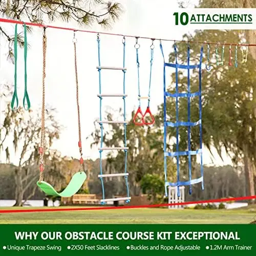 Obstacle Course for Kids Backyard - 2×50ft Slackline Kit with 10 Most Complete Accories for Boys & Girls, Swing, Rope