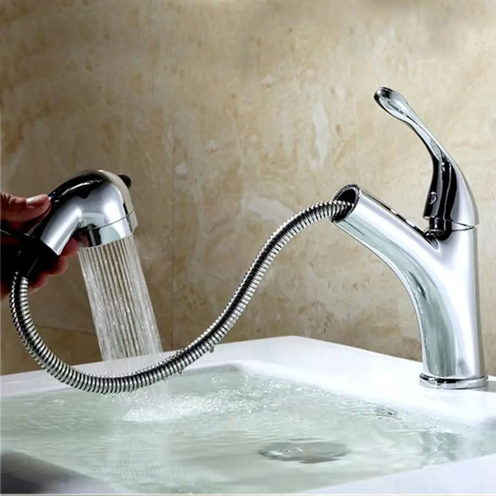 Large Head Design Pull Out Faucet Retractable Pull-Out Structure Hot Cold Water Mixing Bathroom Sink Faucet Stable Water Supply