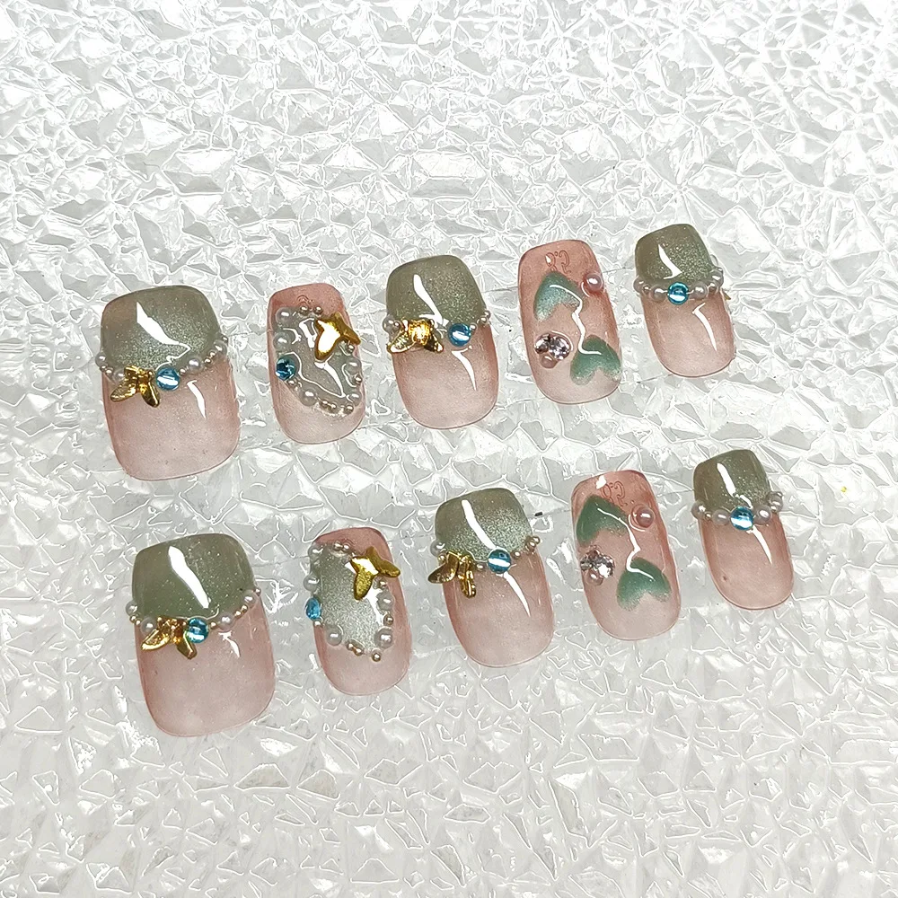 10pcs Short Square Head French False Nails Cat Eye butterfly pearl Dimonds design Press On Nails Full Cover Detachable Nail Tips