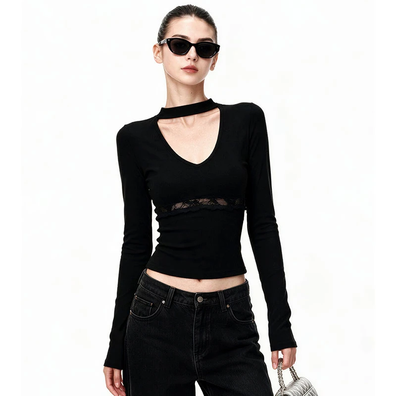 Yedinas Patchwork Hollow Out Lace Women's T-shirt Long Sleeve Slim Spring Autumn Tops Sexy Tees Female 2000s Clothes Y2k Chic
