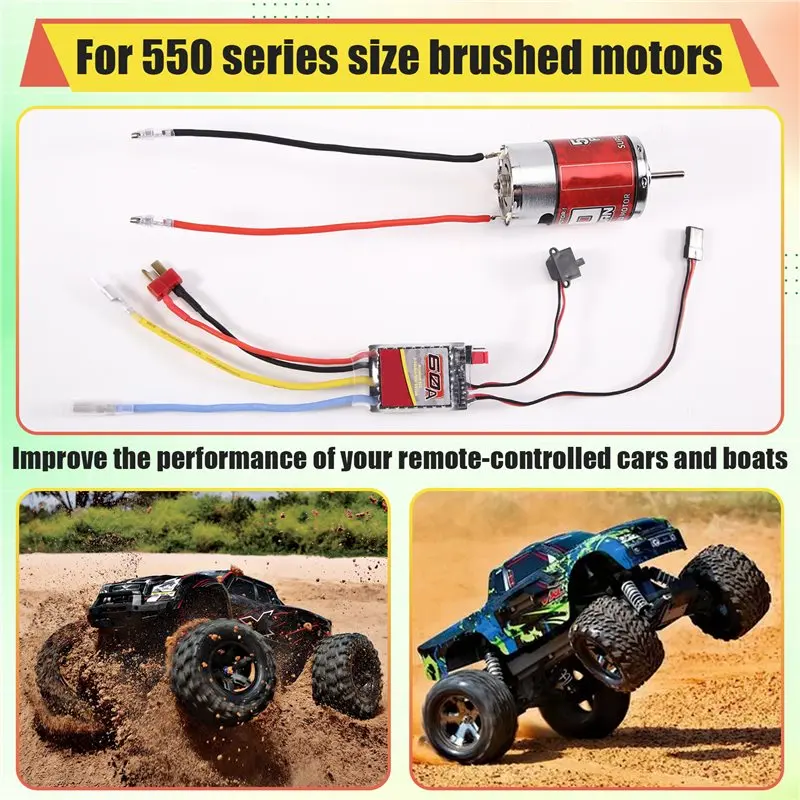 FBIL-RC Brushed Motor 550 High Torsion Low Noise Motor 10T-28500Rpm 3.17Mm D Daxis With 60A Brushed ESC For RC Car
